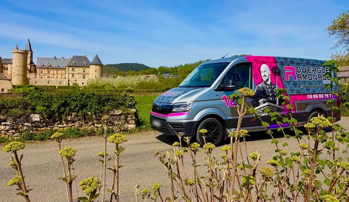 Le véhicule Rouergue Ramonage devant le château de Bournazel